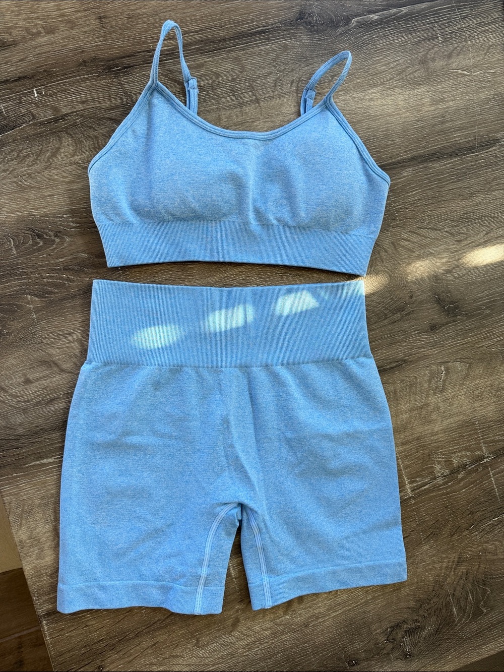 Light Blue Seamless Bralette & High-Waist Shorts Workout Set